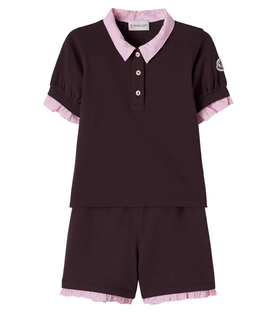 Комплект из хлопковой рубашки-поло и шорт Moncler Enfant, бургунди