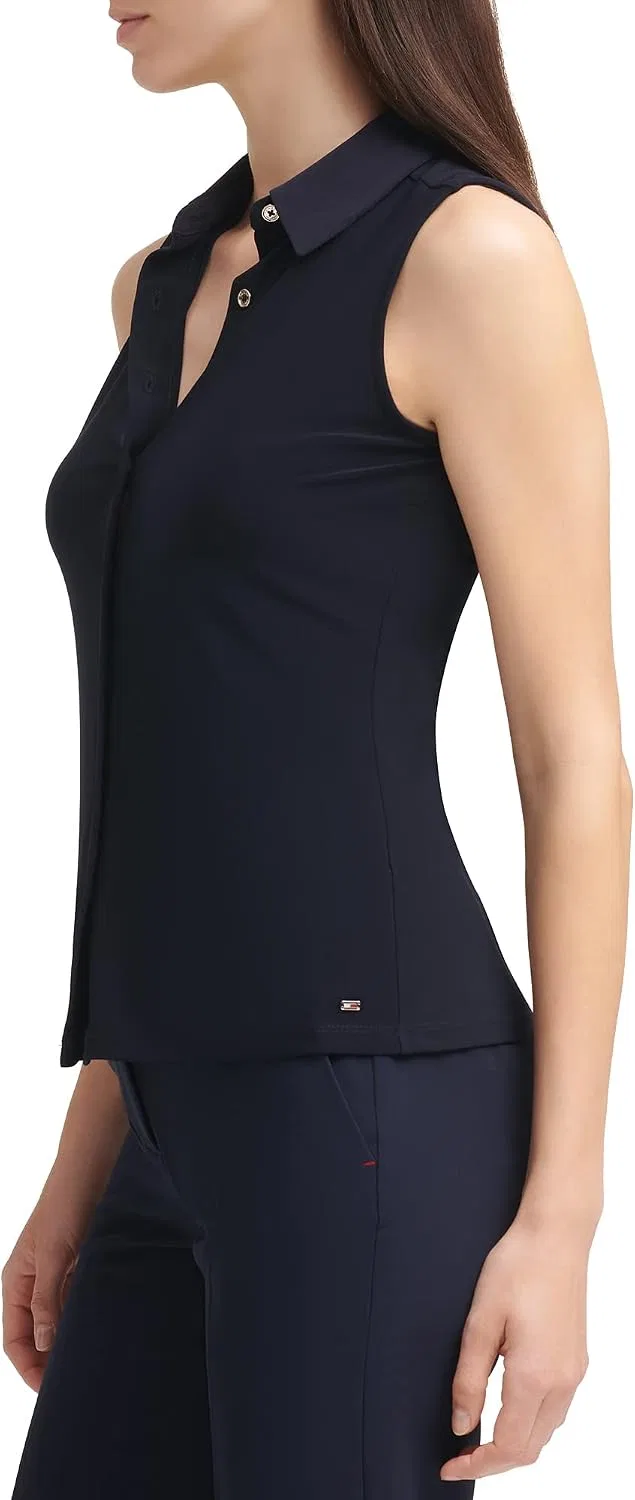 Топ-безрукавка с воротником классическим Classic collared button front sleeveless knit top, Tommy Hilfiger, темно-синий — фото 3