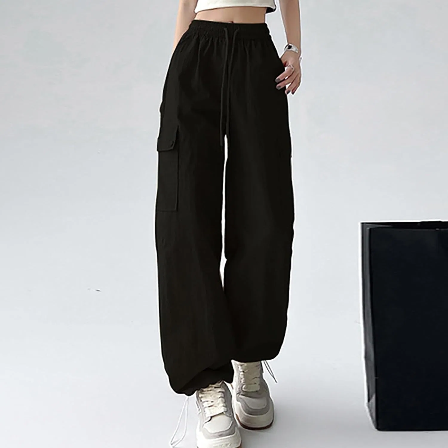 Akklian Fashion Парашютные брюки Женские широкие брюки свободного кроя Y2K Джоггеры с высокой талией Спортивные штаны Хип-хоп Уличная одежда, a02_черный — фото 2