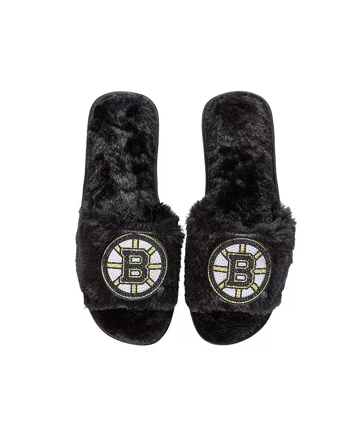 Женские черные тапочки Boston Bruins с пайетками и мехом FOCO