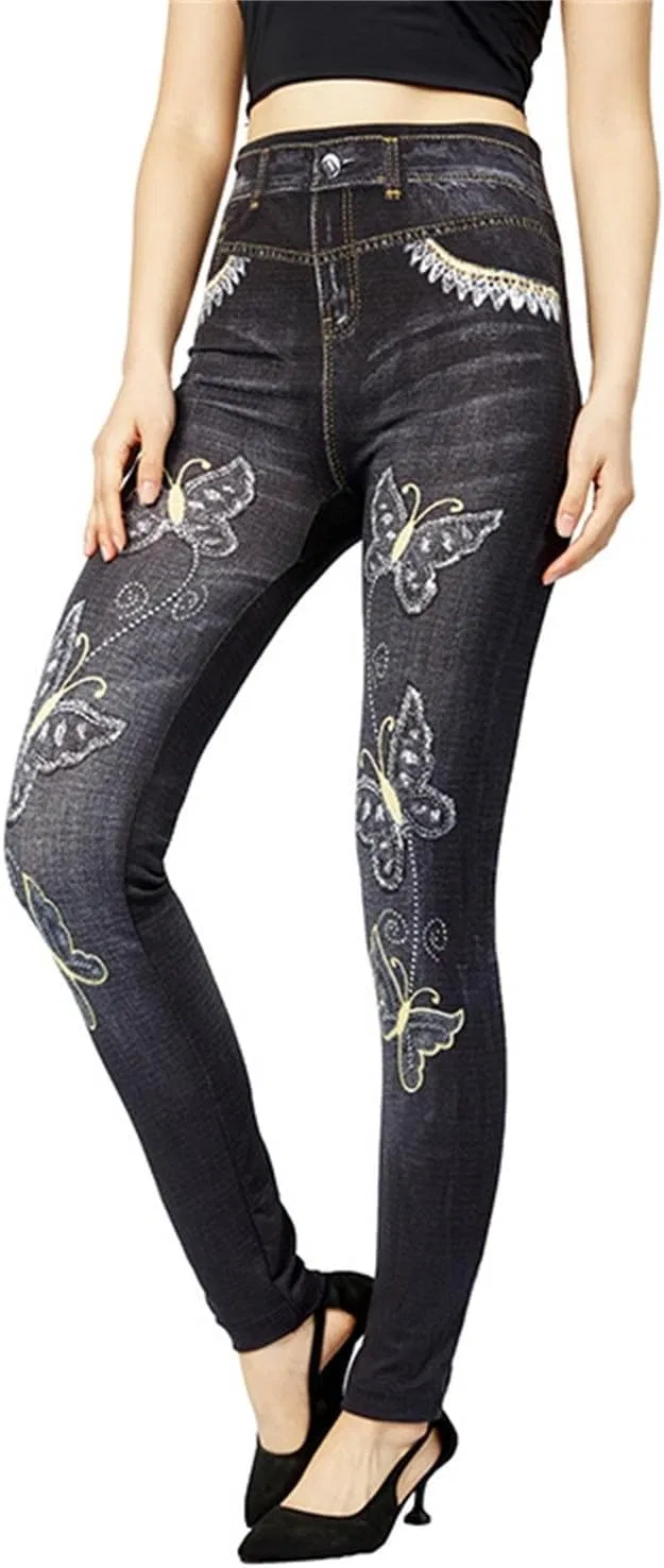 Джинсы скинни с принтом бабочки, Stretch Jeans, черные