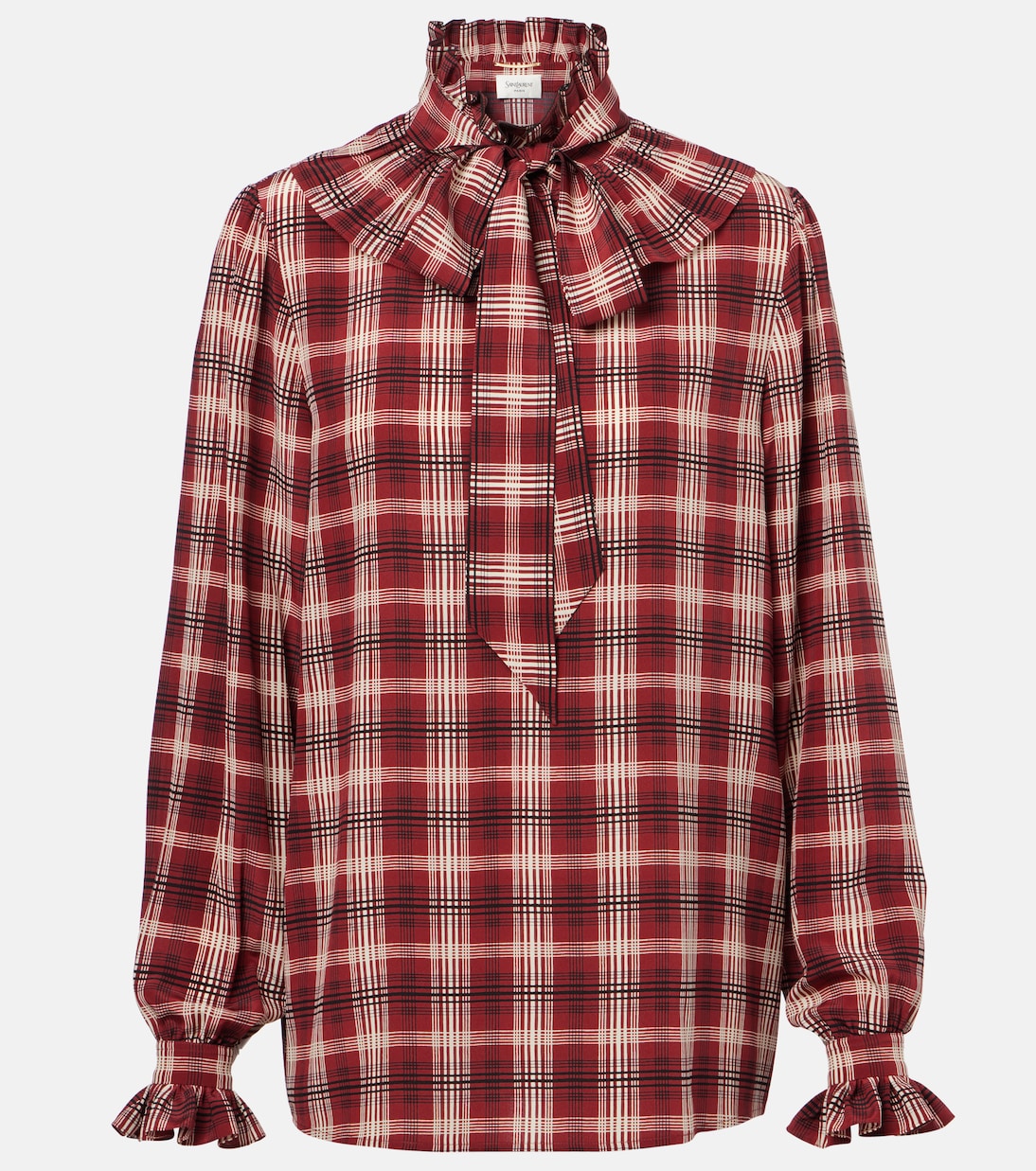 

Клетчатая шелковая блузка Saint Laurent, Bordeaux Craie Noir