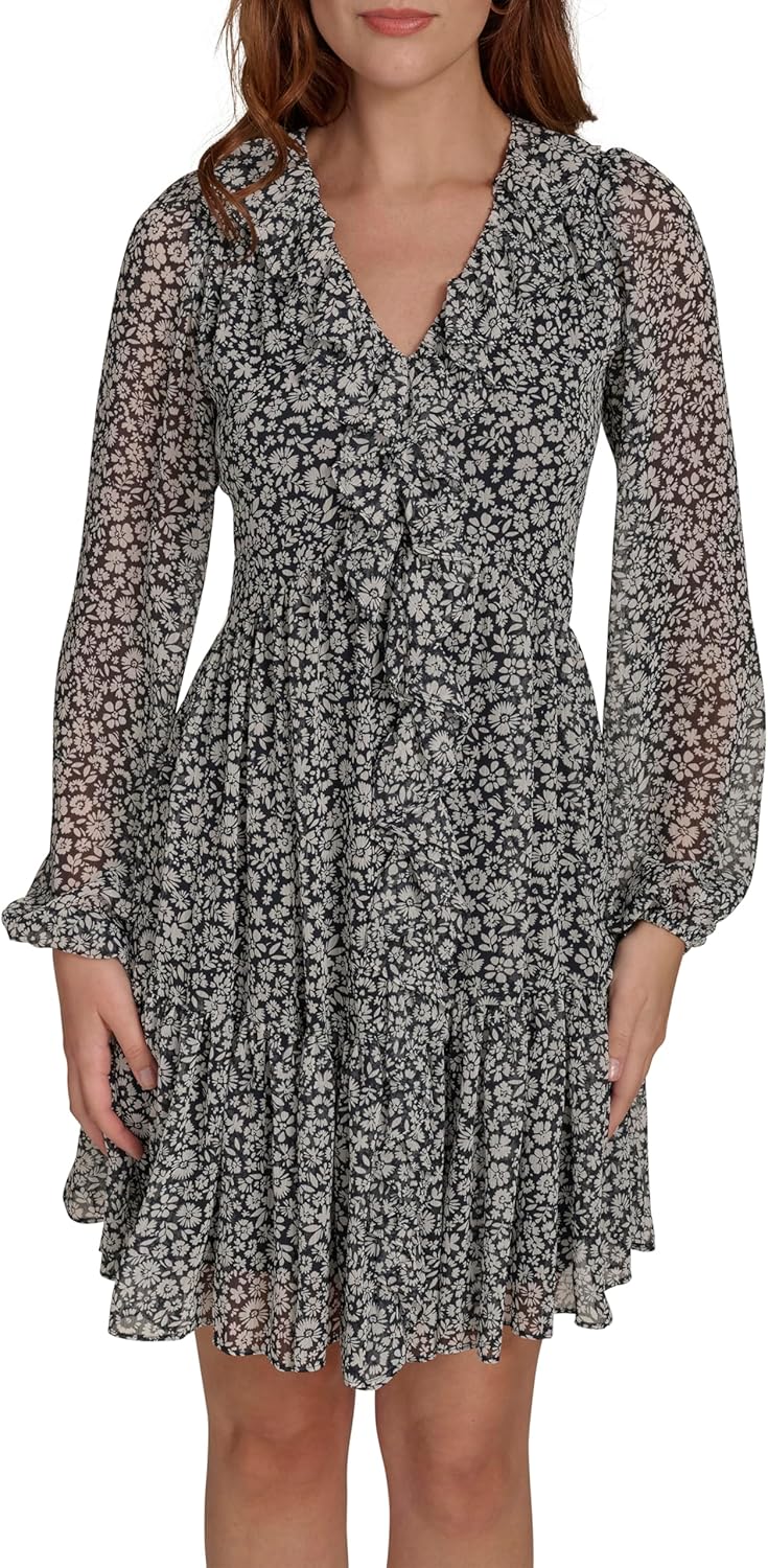 

Женское мини-платье Tommy Hilfiger с рукавами-фонариками и V-образным вырезом, облегающее и расклешенное, Sky Captain/Ivory