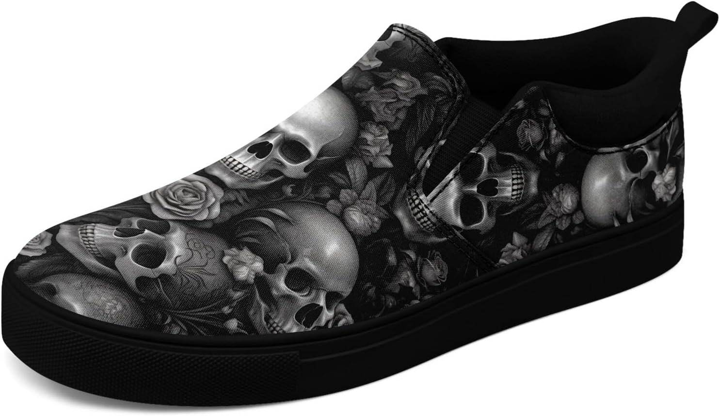 

Крутые настраиваемые низкие кеды из канвы в готическом стиле для мужчин и женщин с черепами и цветочным принтом, слипоны, легкие и удобные, уличная обувь Coolcustomize, черный/серый/угольный