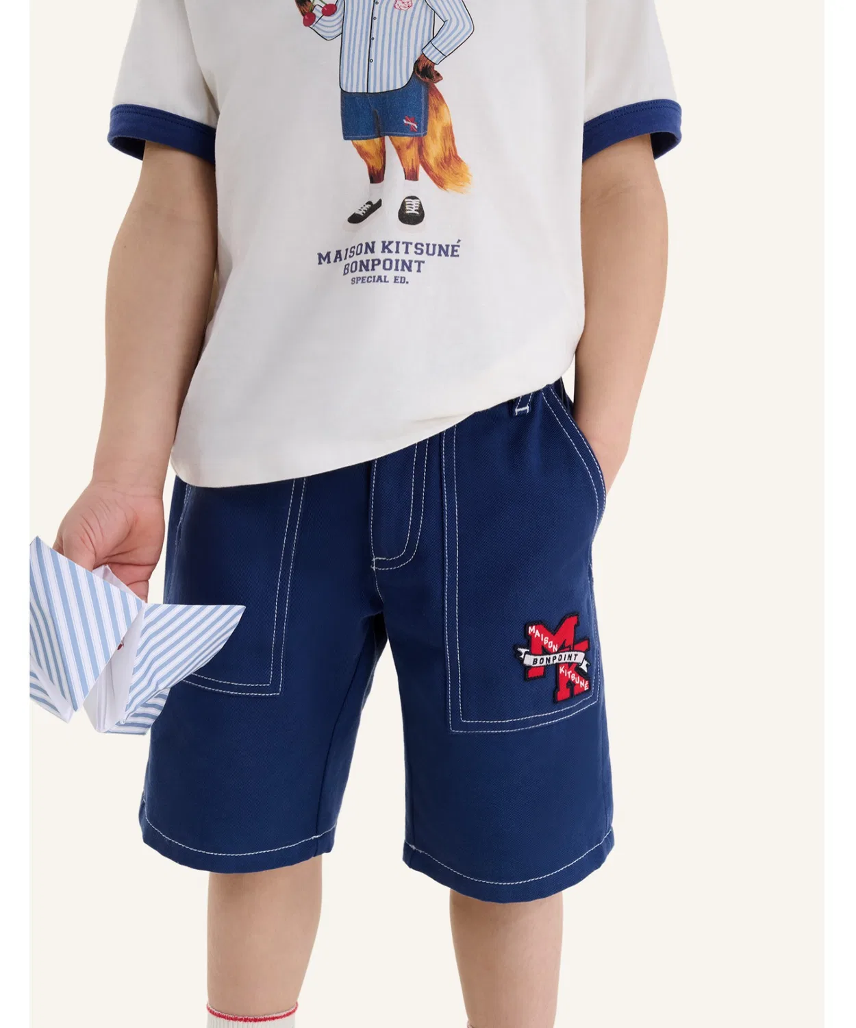 Шорты из габардина с вышивкой Maison Kitsuné x Bonpoint, индиго