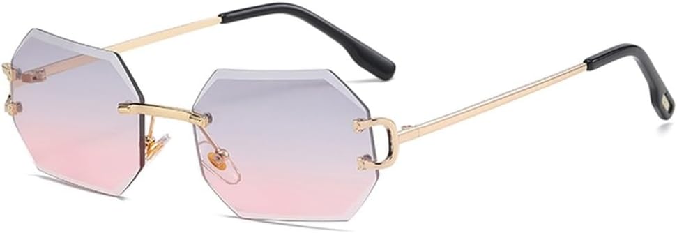 

модные женские солнцезащитные очки без оправы, восьмиугольные, с защитой от УФ-излучения UV400, без оправы, золотистые металлические прямоугольные очки WNCKSQ, Grey Pink Lens