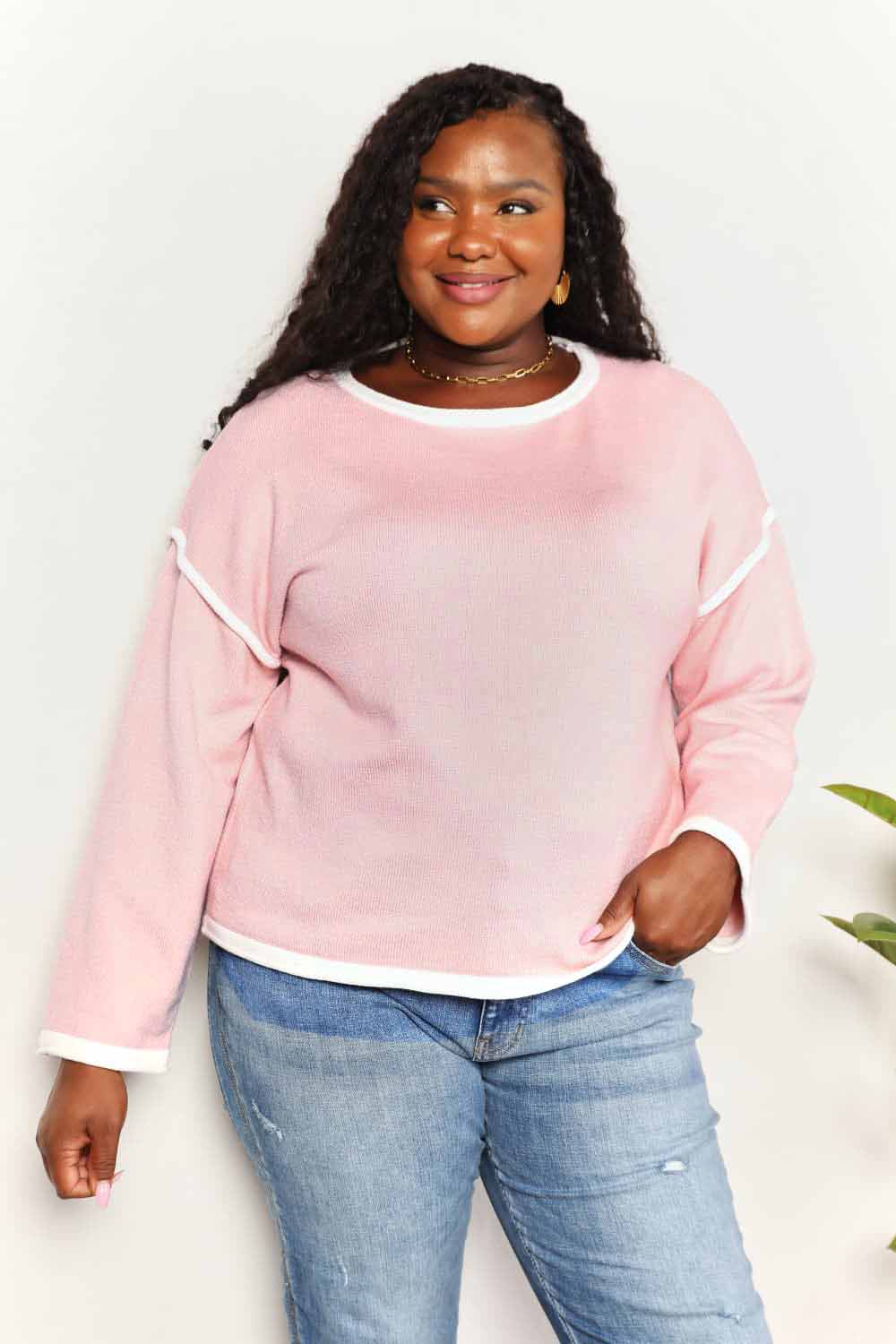 

Контрастная деталь с приспущенными плечами трикотажный топ FASHNZFAB, цвет blush pink