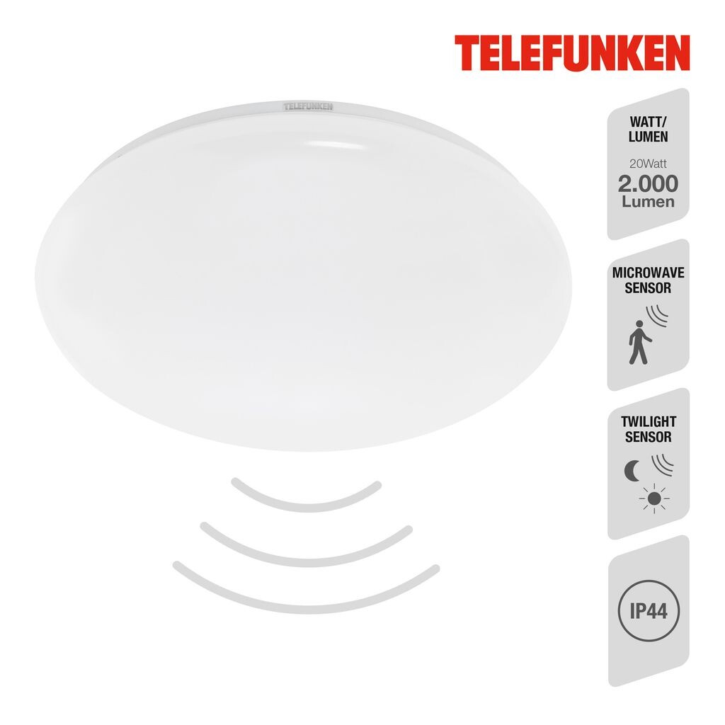 

[T] Telefunken APOLLON - Светодиодный потолочный светильник - 601306TF - Датчик движения - Дальность действия датчика 8 м - Настройка времени 5 секунд, 1 минута, 3 минуты, 10 минут. - Датчик дневного света - нейтральный белый 4000K - IP44 - 20 0...