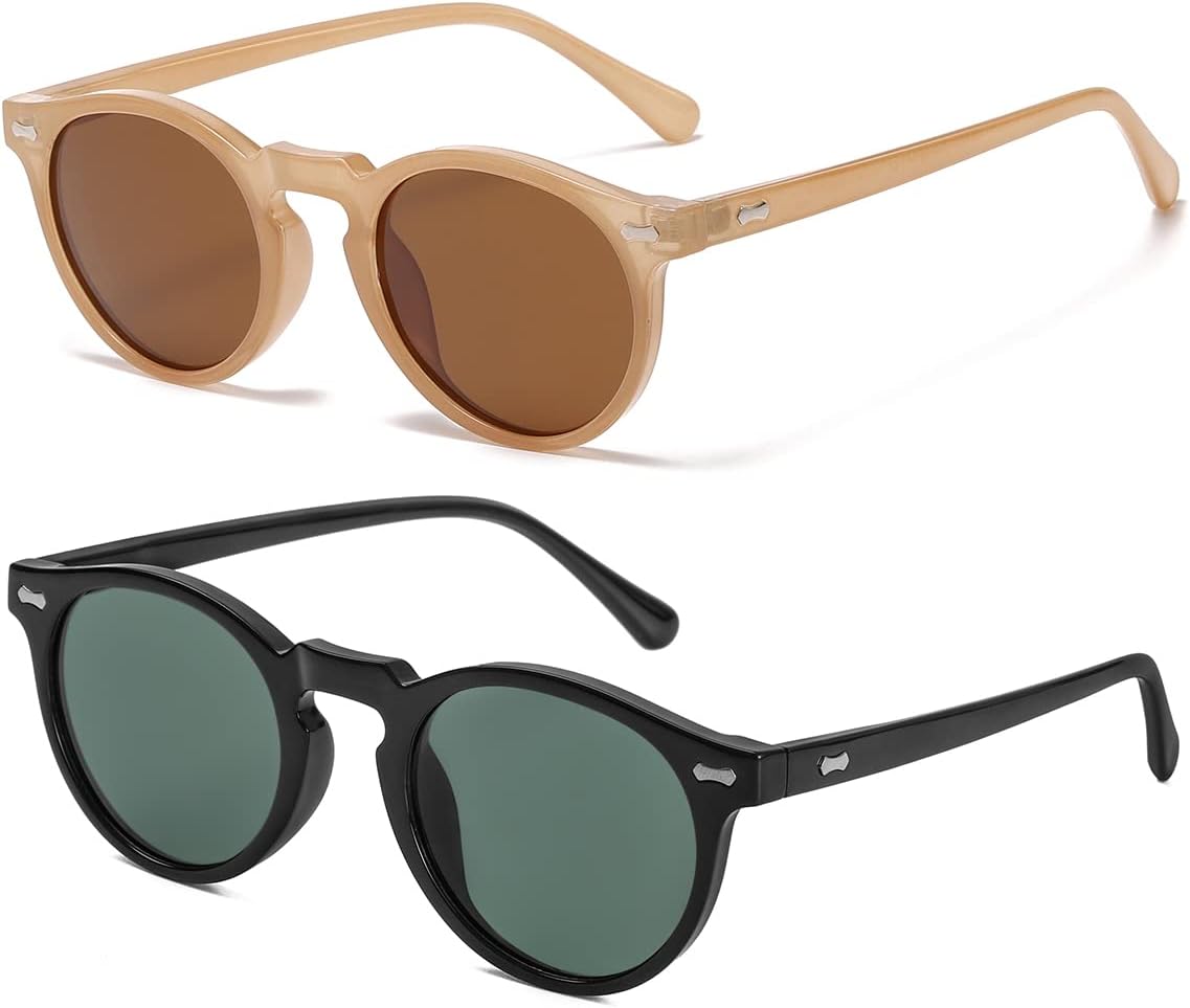 

NIDOVIX Винтажные поляризованные солнцезащитные очки для мужчин и женщин, круглые, в стиле ретро, ​​классические, модные, с защитой от УФ-излучения UV400, Two Pack: (Amber/Brown+black/Green)