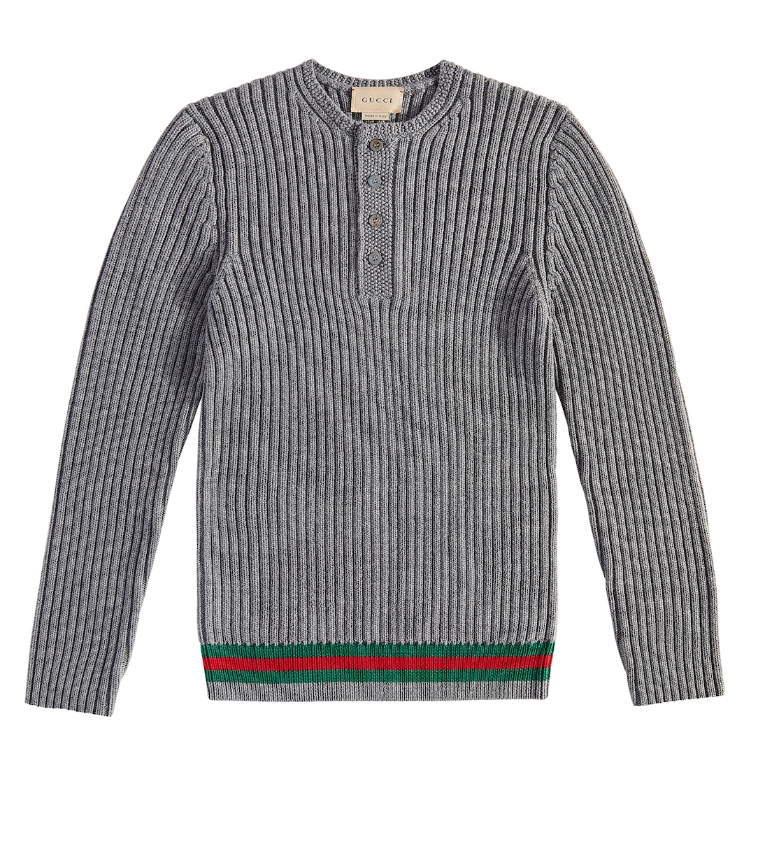 

Вязаный шерстяной свитер с рубчиком и полосой Web Gucci Kids, Grey/Green/Red