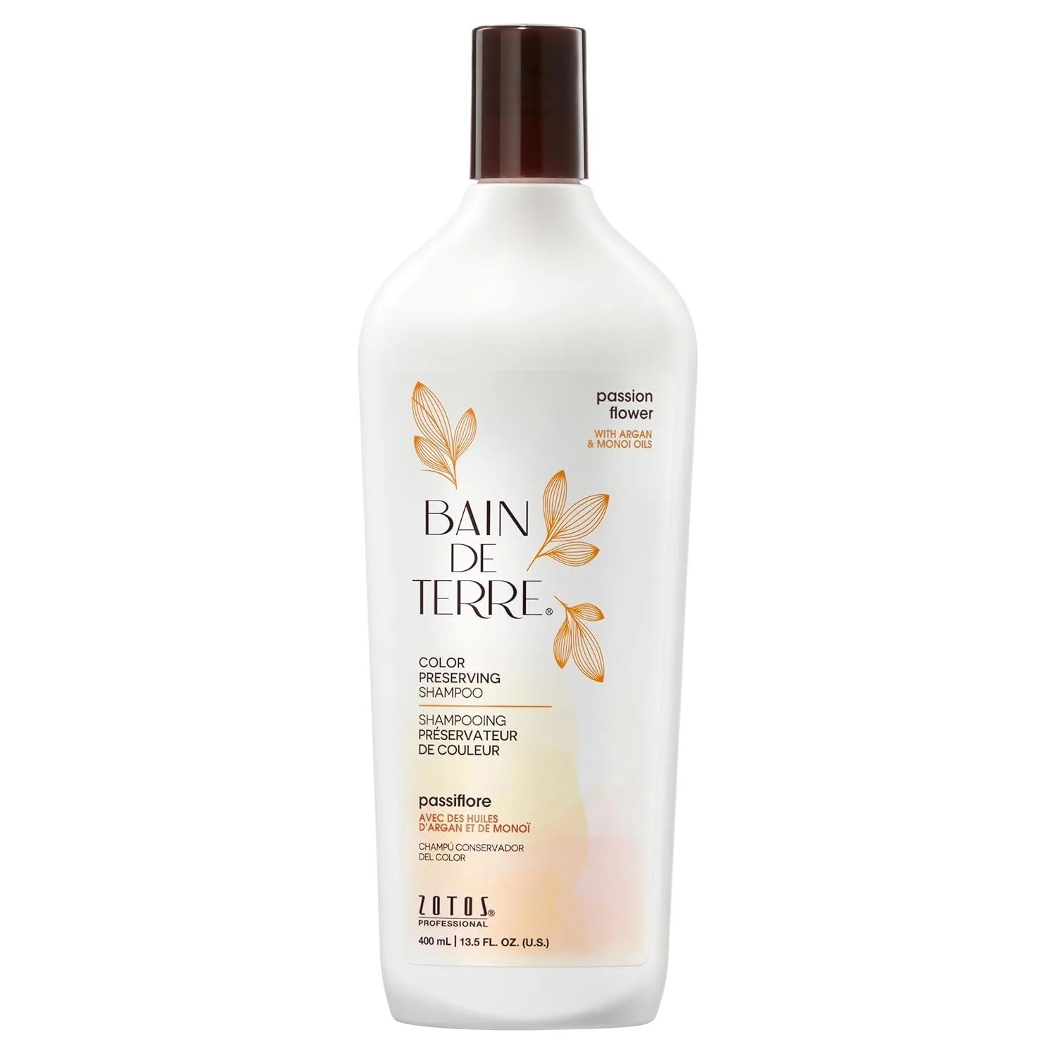 Шампунь Bain de Terre Passion Flower для сохранения цвета, для яркости цвета и защиты от выцветания, с аргановым маслом и маслом монои, без парабенов, веганский продукт. 399 мл (1 шт.)