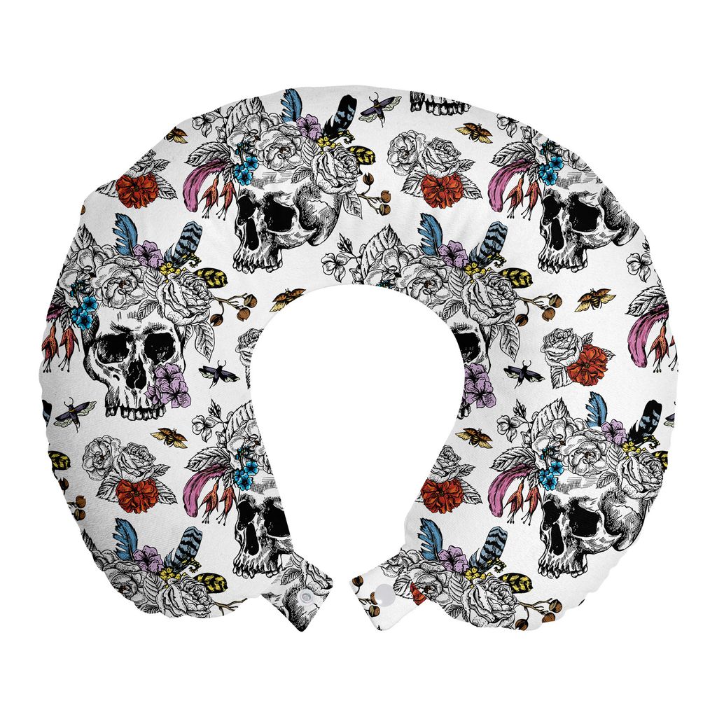 

ABAKUHAUS Day of the Dead Travel Pillow Подушка для шеи, череп и цветы, пенопластовые дорожные принадлежности для самолета и автомобиля, 30x30 см, разноцветные