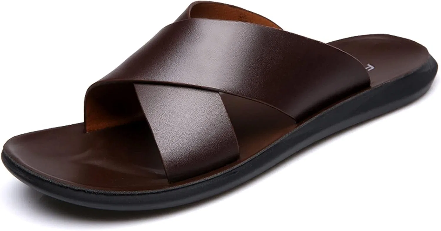Herrenschuppen Sommer Männer Schuhe Vintage Flats lässige Nicht rutschende Strand Sandalen Leder Вьетнамки Pantoffeln Fladenvielfalt, 10 Generic, Braun