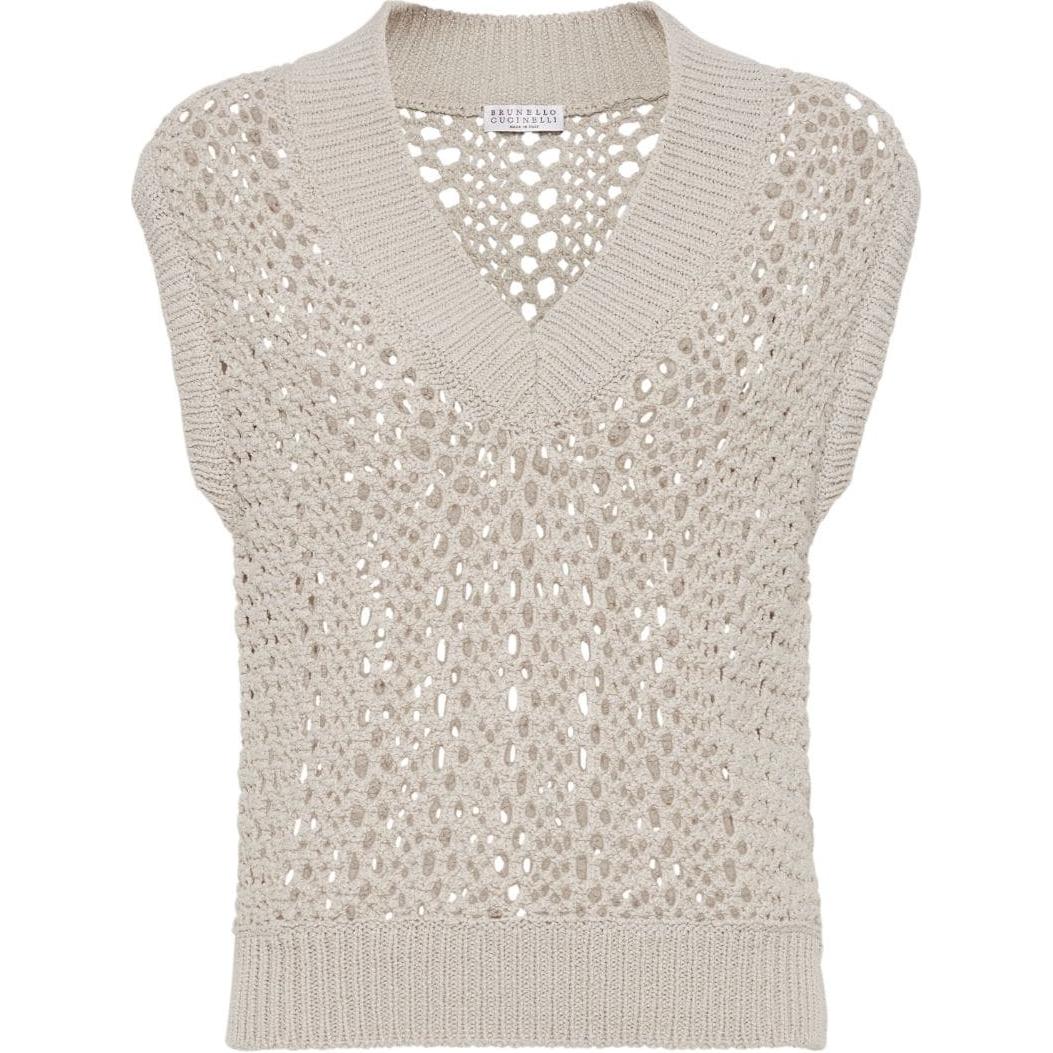 Топ без рукавов Open knit Brunello Cucinelli, светло-бежевый — фото 3