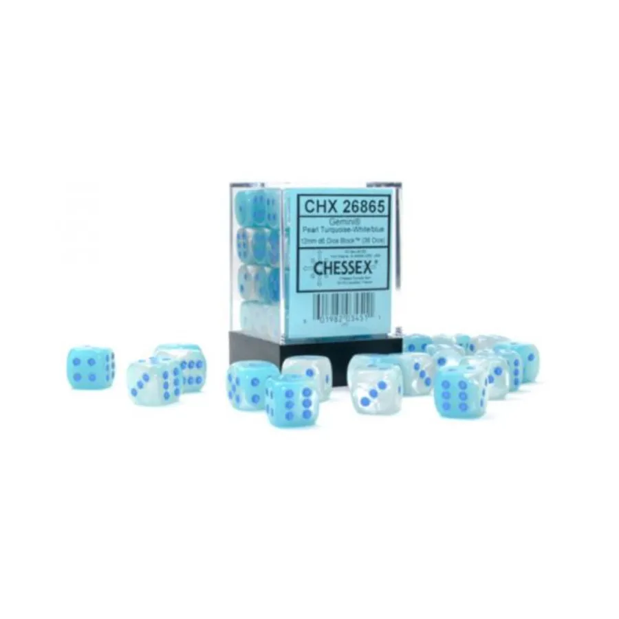 

d6 12мм Жемчужно-бирюзово-белый с синим (36), Dice - Gemini - d6 12mm (Chessex)