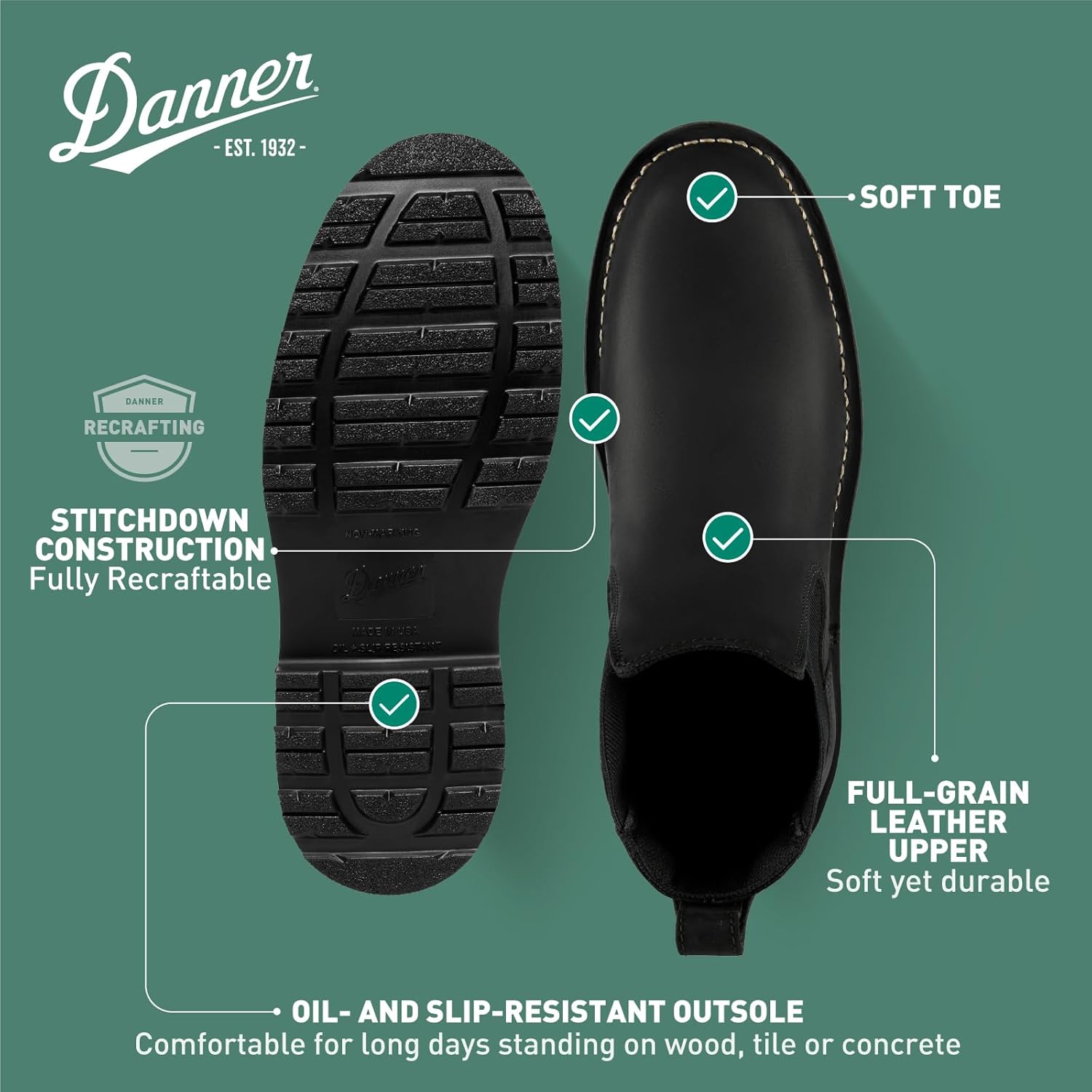 Мужские рабочие ботинки Danner 6” Bull Run Chelsea - верх из натуральной кожи с масляной обработкой, подкладка из сетки, стелька с трехуровневой амортизацией и противоскользящая подошва клиновидной формы, Black — фото 4