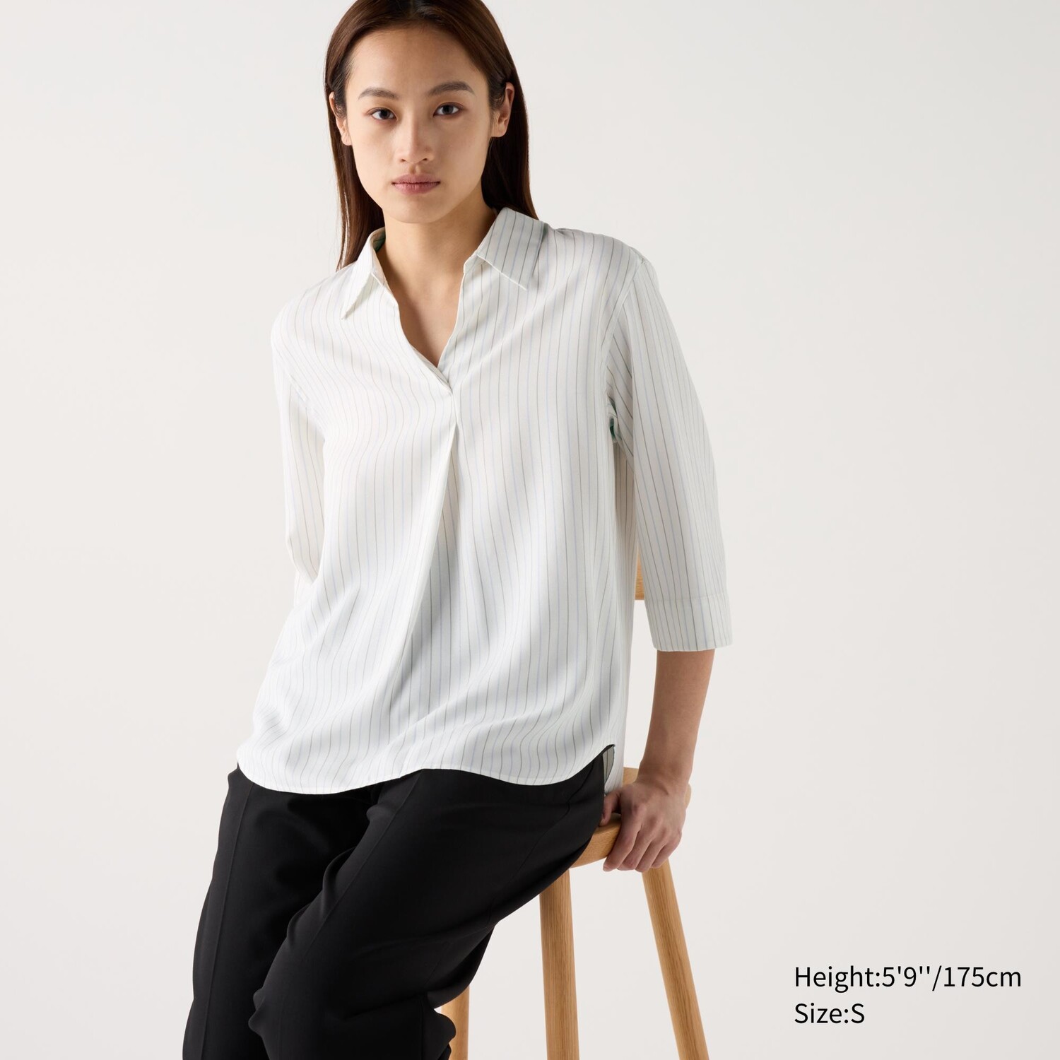 Полосатая вискозная блузка с открытым воротником, рукавами 3/4 UNIQLO, белый