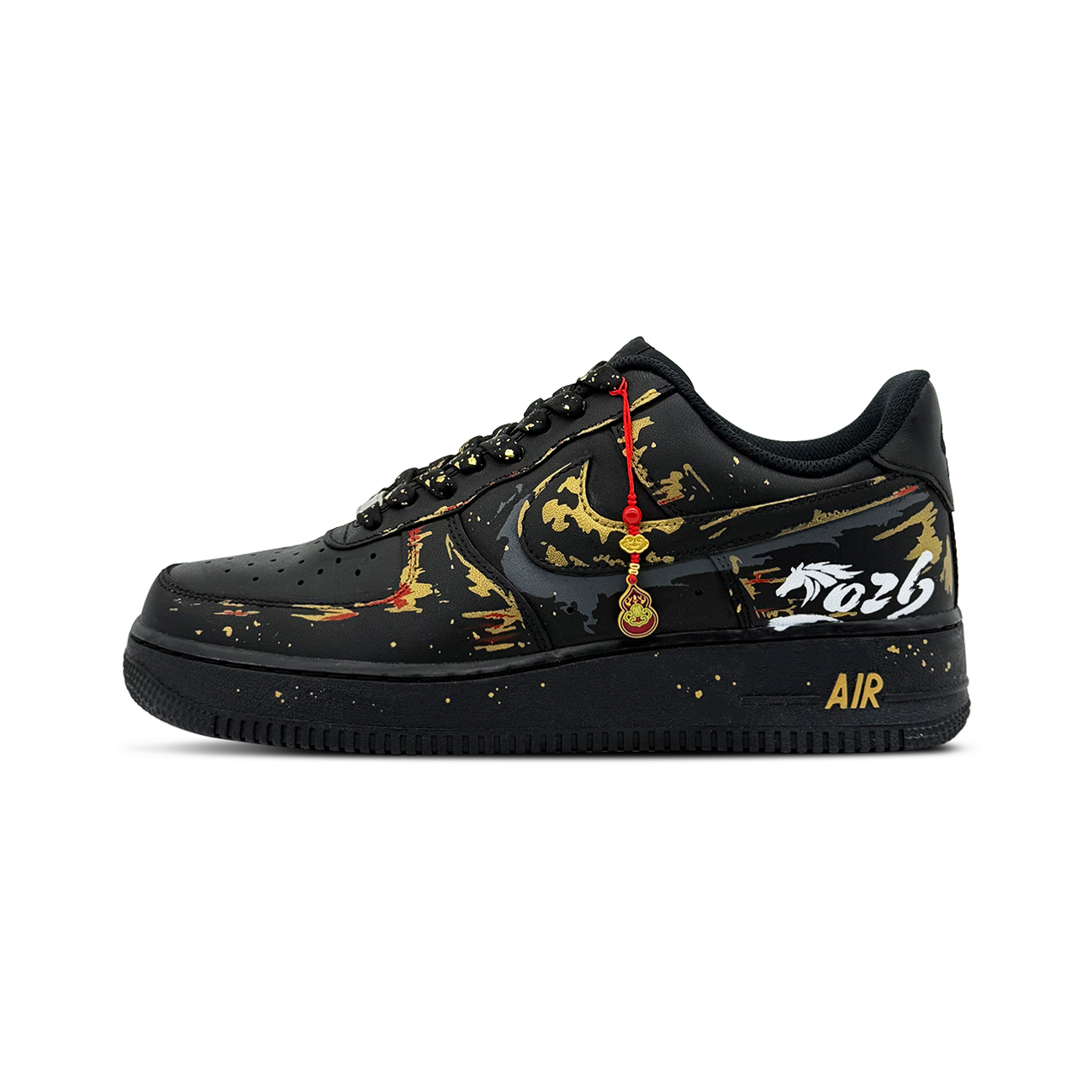 

Nike Кроссовки Air Force 1 Golden Horse Brings Fortune, износостойкие, низкие, для скейтбординга, унисекс, черный с золотыми элементами