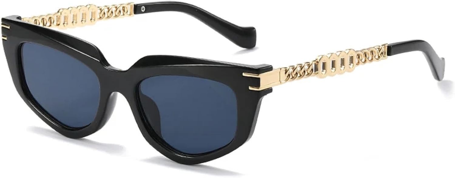 

Модные солнцезащитные очки «кошачий глаз» с многоугольными линзами для женщин, модные градиентные солнцезащитные очки UV400 для мужчин, уникальные солнцезащитные очки с металлическими цепочками на дужках WNCKSQ, Black Grey