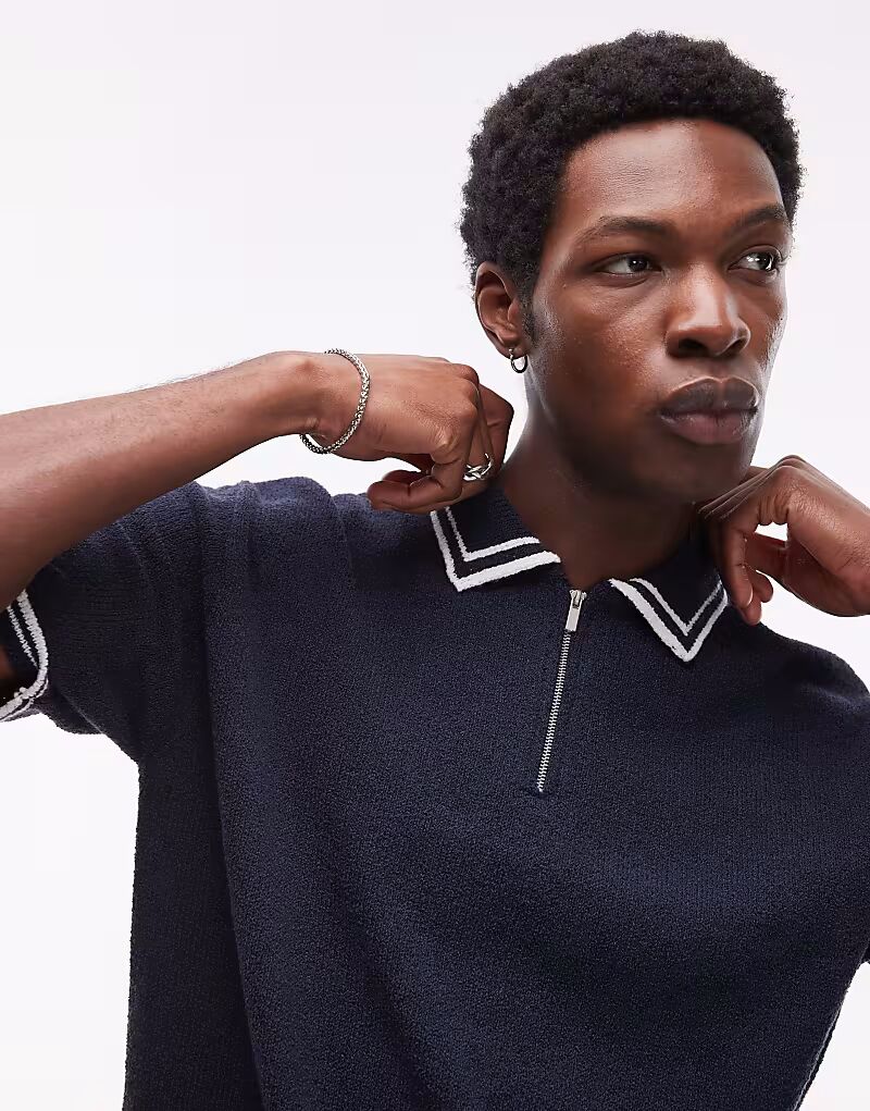 

Трикотажное поло Topman из махровой ткани с кантом темно-синего цвета