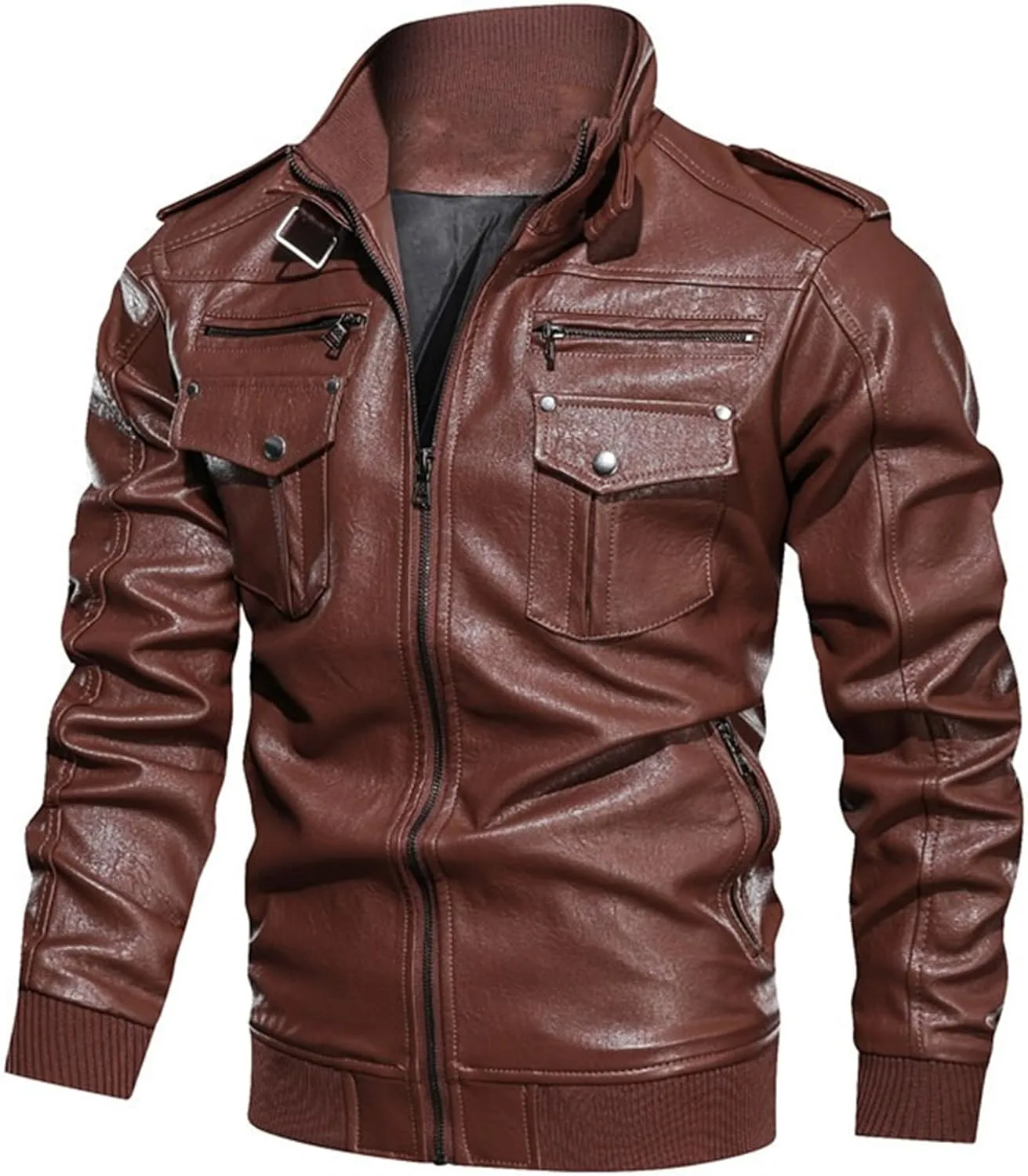 Мужская кожаная куртка с несколькими карманами, приталенная, мотоциклетная, со стоячим воротником Generic, коричневый
