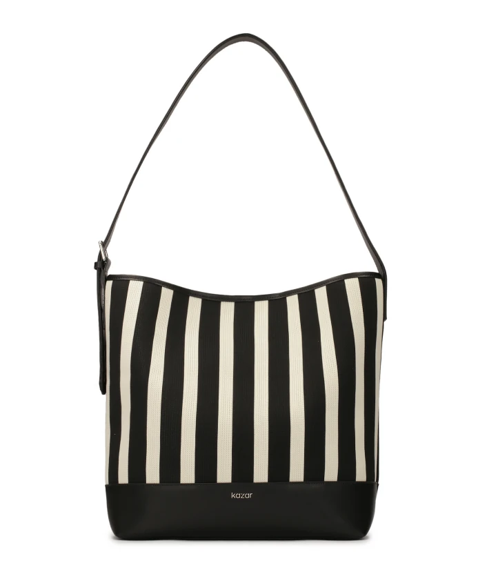 

Большая полосатая сумка из ткани и кожи. Kazar, черный