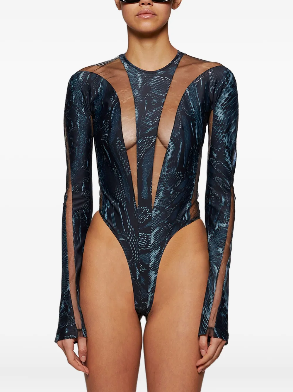 Сетчатое боди со змеиным принтом Mugler, черный — фото 3