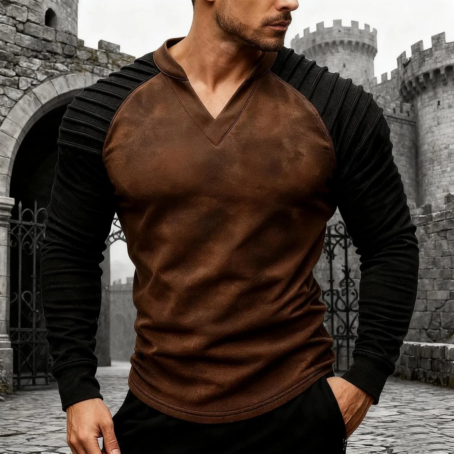 Футболка мужская с v-образным вырезом, длинным рукавом, Slim Fit, хлопок, коричневая — фото 2