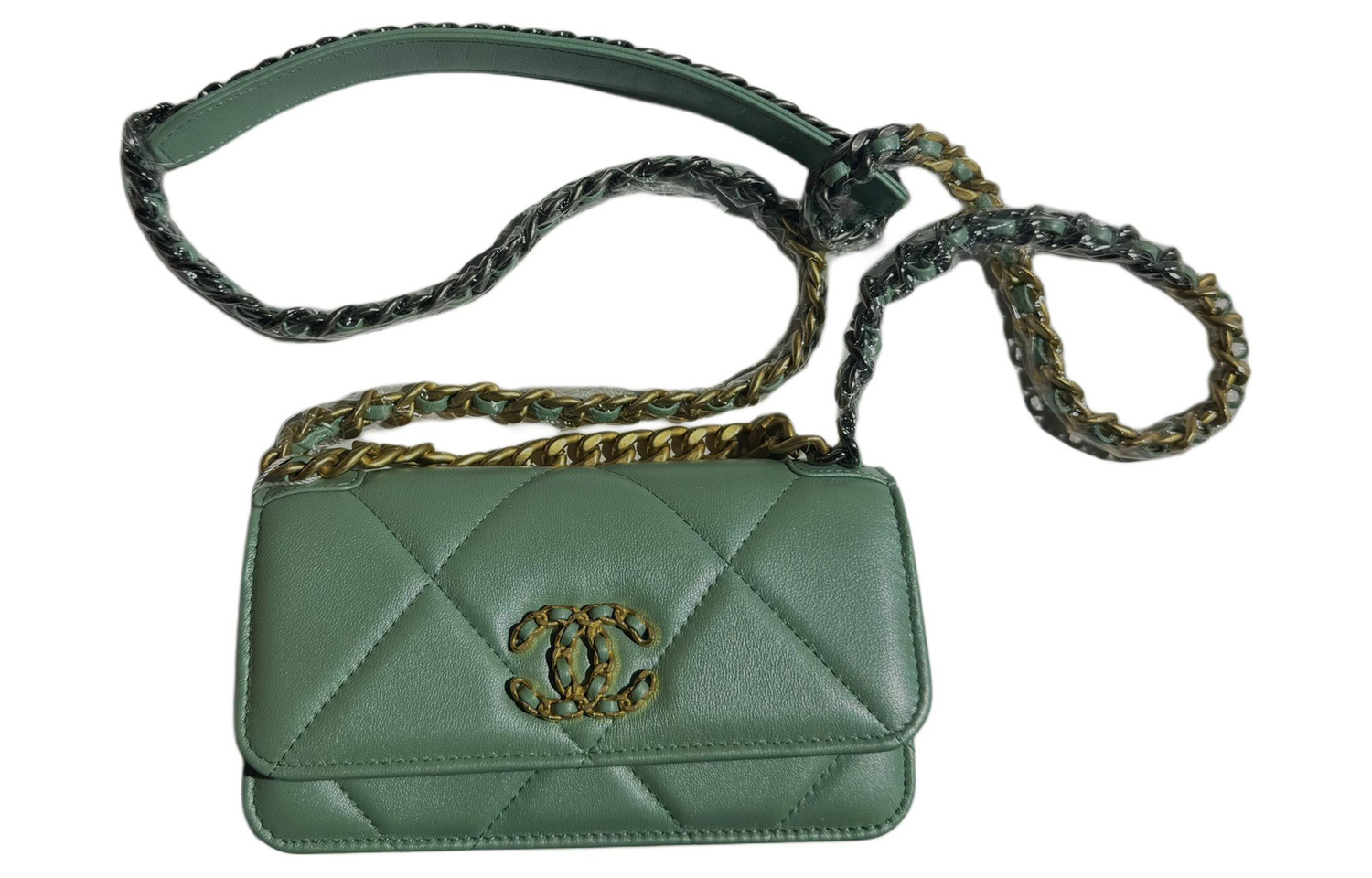 

Сумка 19 блестящая из ягненка, мини-сумка через плечо, зеленая CHANEL