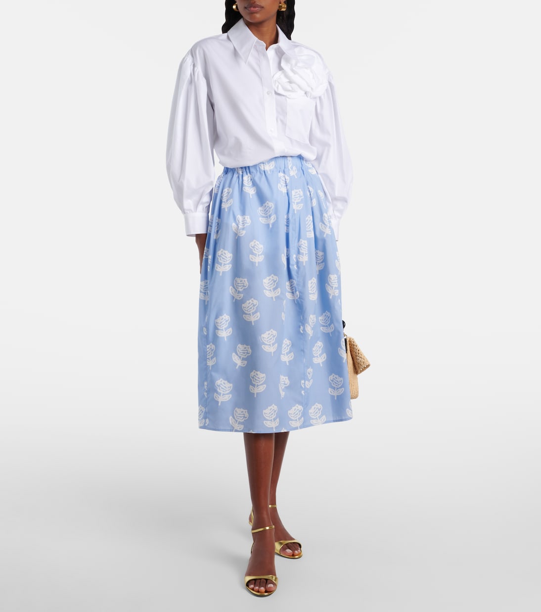 Цветочная хлопковая поплиновая юбка миди Marni, Iris Blue — фото 2
