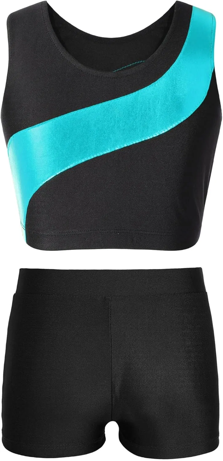 Детский спортивный костюм для танцев Linjinx, топ с шортами, Blue Green — фото 2