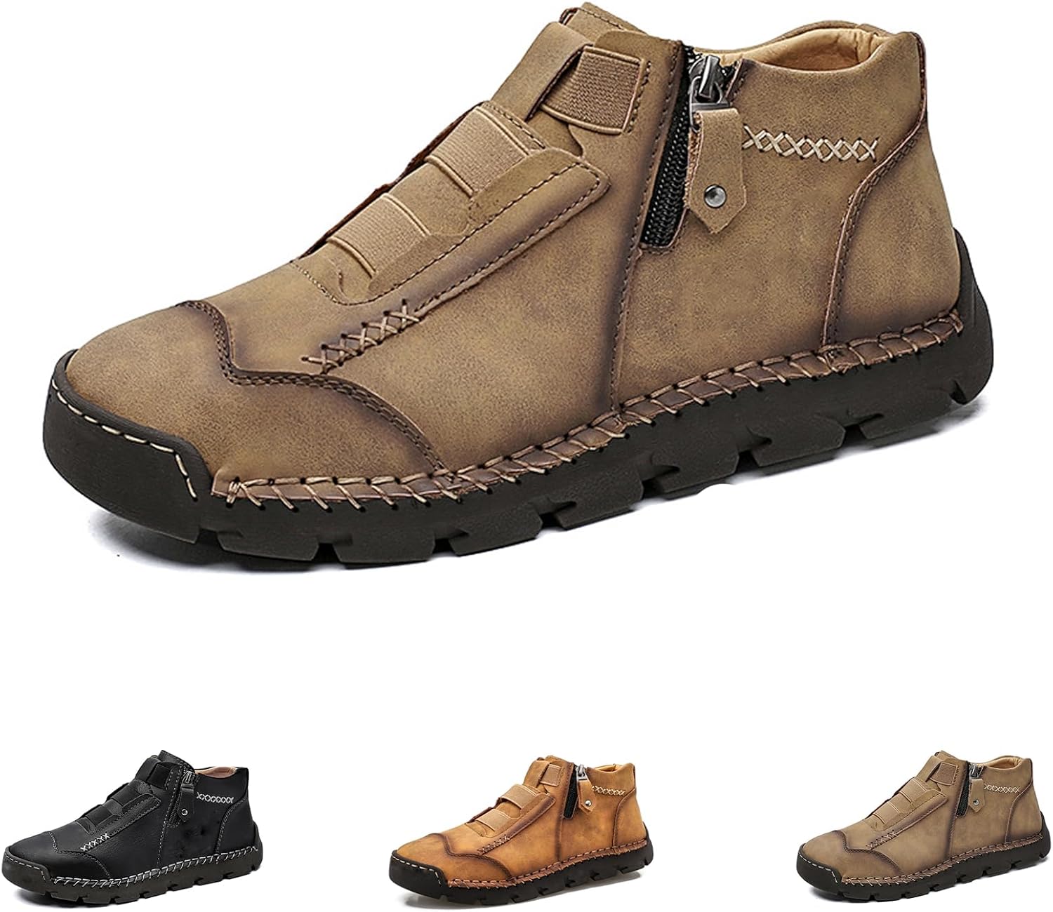 

Мужские кожаные водонепроницаемые ортопедические лоферы без шнурков, противоскользящие, модные, с широкой носочной частью, повседневные прогулочные туфли на плоской подошве с боковой молнией Generic, хаки