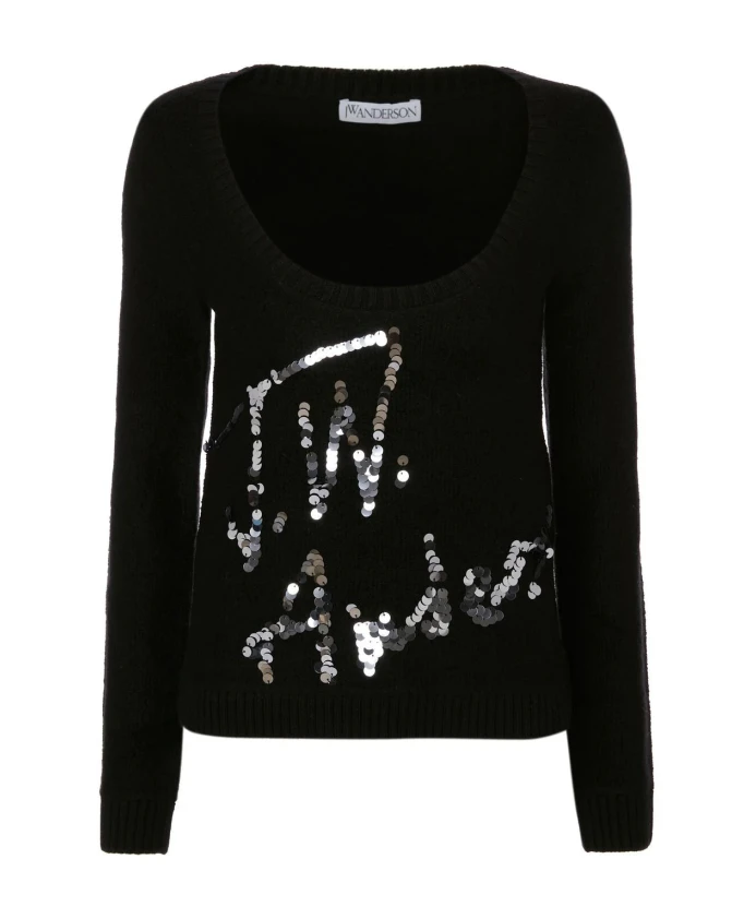 

Шерстяной свитер с логотипом и пайетками Jw Anderson, черный
