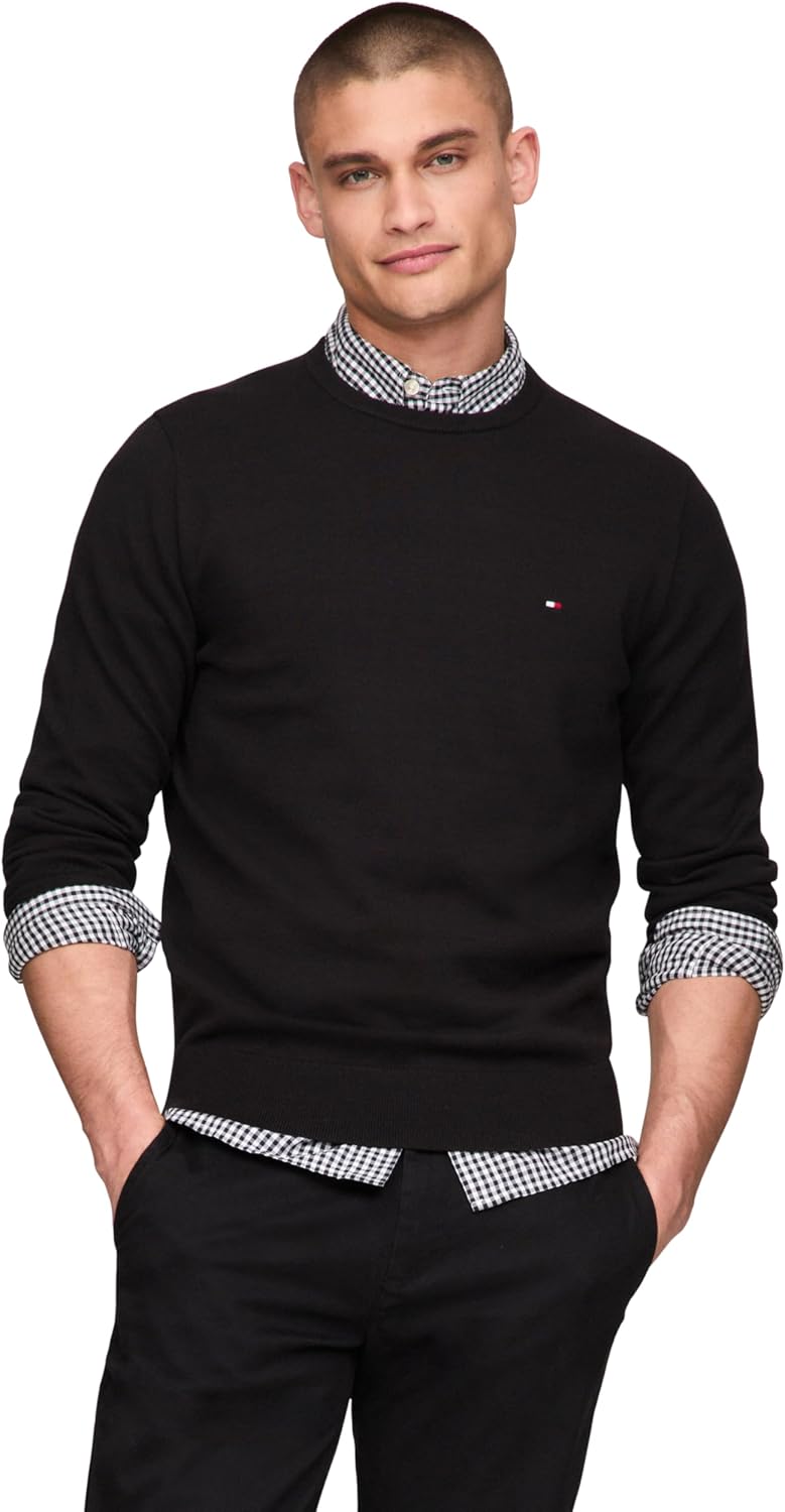 

Мужской хлопковый однотонный свитер с круглым вырезом Tommy Hilfiger, легкий пуловер, также доступен в размерах для больших и высоких женщин., Black