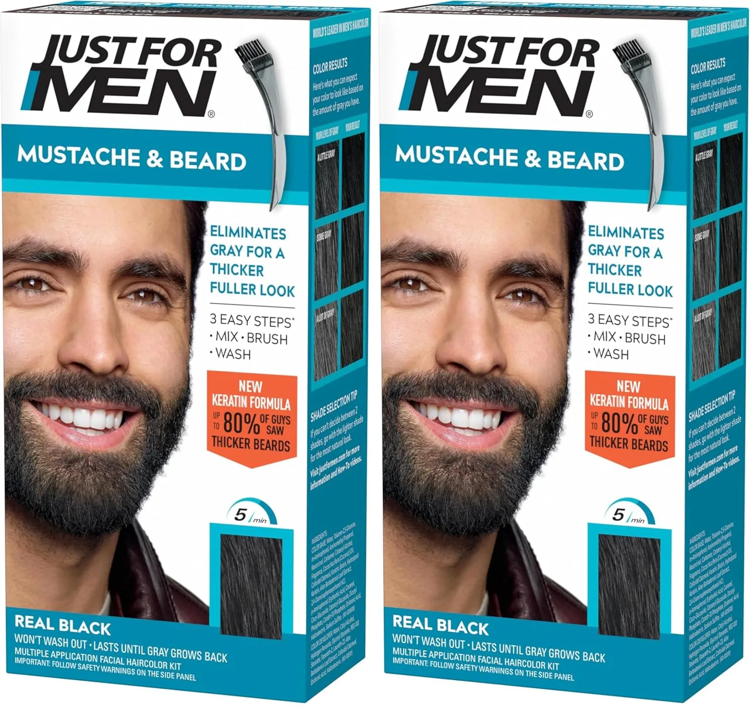 Just For Men Mustache & Beard, краска для бороды и усов с кистью, с кератином, биотином, алоэ и кокосовым маслом для здоровой растительности - Real Black, M-55, 2 шт 1 шт. (2 шт.), Real Black M-55