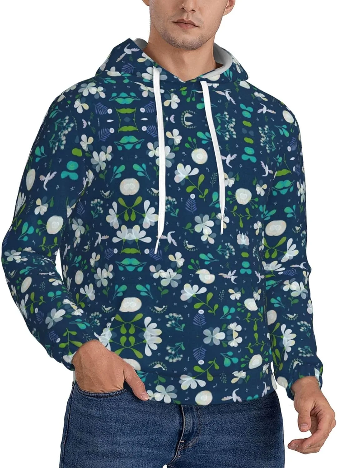 

Мужская флисовая худи с капюшоном — мягкая, теплая, с карманом, принт Grass и dove SamLng