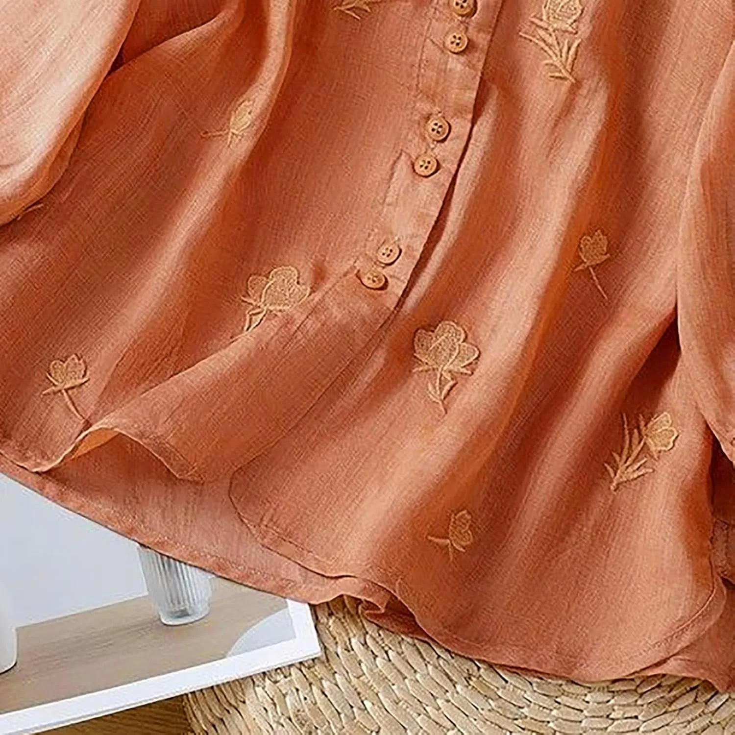 Блуза женская с цветочным принтом Linen Shirts for Women, оранжевый — фото 4