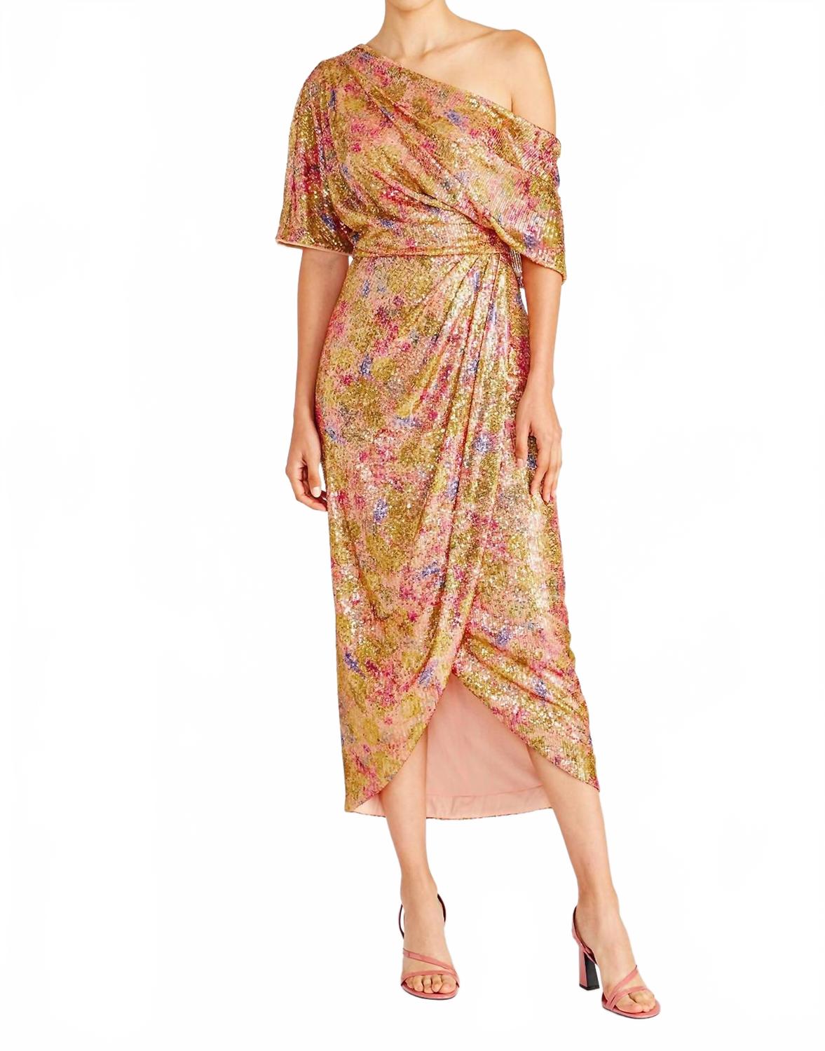 

Женское платье цвета нефрита с драпировкой и асимметричным лифом в цветочек с ренессансным принтом Theia, Renaissance Floral