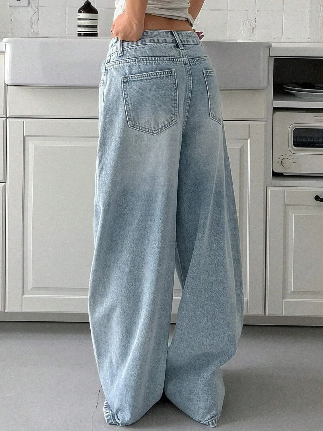 Женские классические джинсы Wide Leg Casual с карманами Generic, Light Wash — фото 2