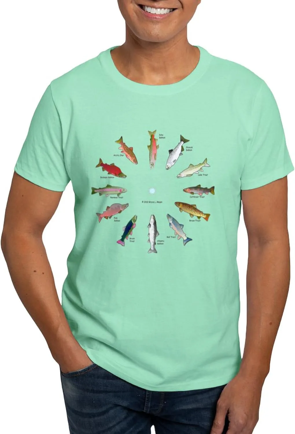 

Футболка CafePress North American Salmon and Trouts Cloc Dark, мужская, 100% хлопок, белая