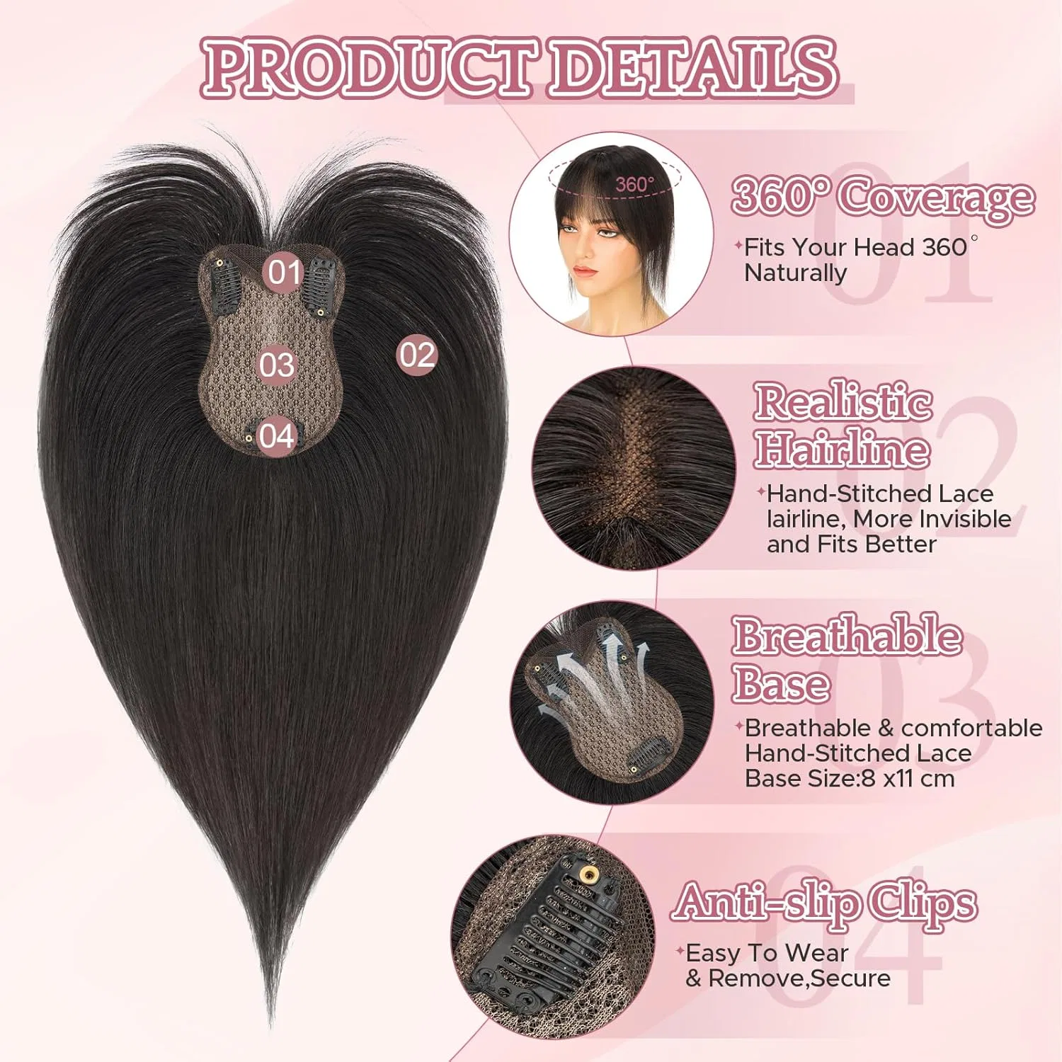 Накладка для волос из натуральных волос на заколках от SEGOHAIR Sego, 1B-Natural Color — фото 4