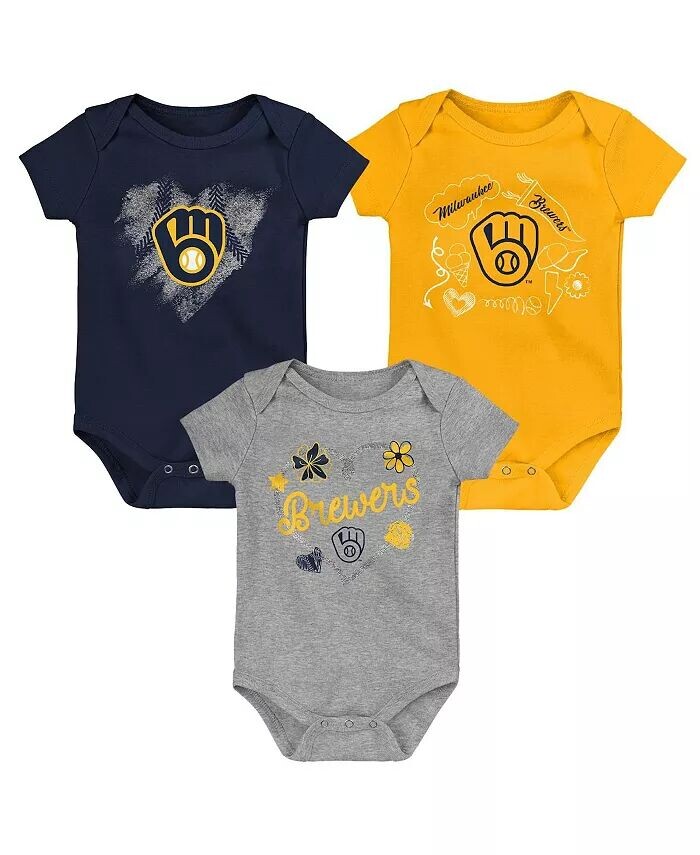 Комплект из 3 боди Milwaukee Brewers Batter Up для девочек, новорожденных и младенцев, темно-синий, золотой, серо-коричневый Outerstuff — фото 2