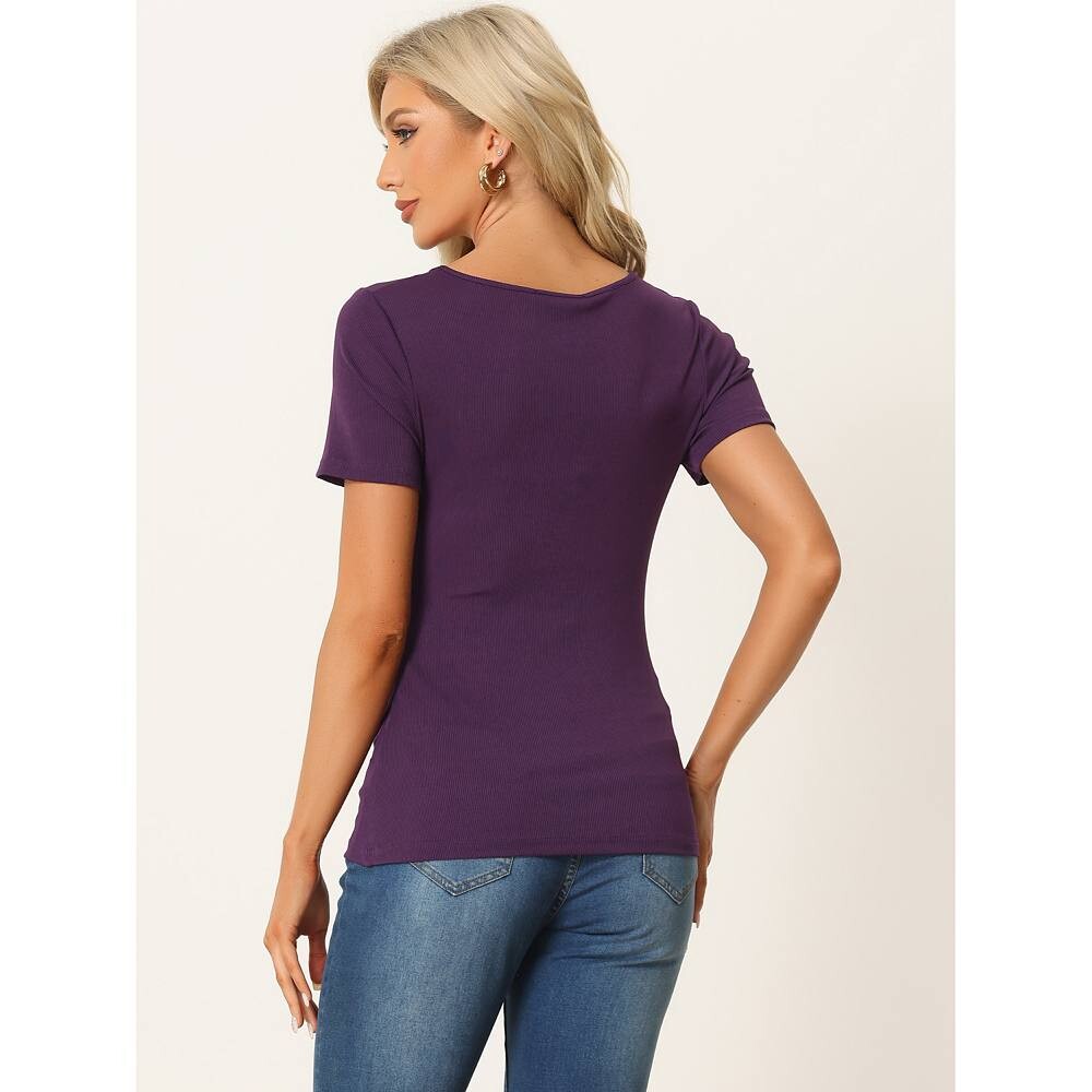 

Вязаные топы для женщин, блузка с коротким рукавом, нерегулярным вырезом и рюшами по бокам ALLEGRA K, черный