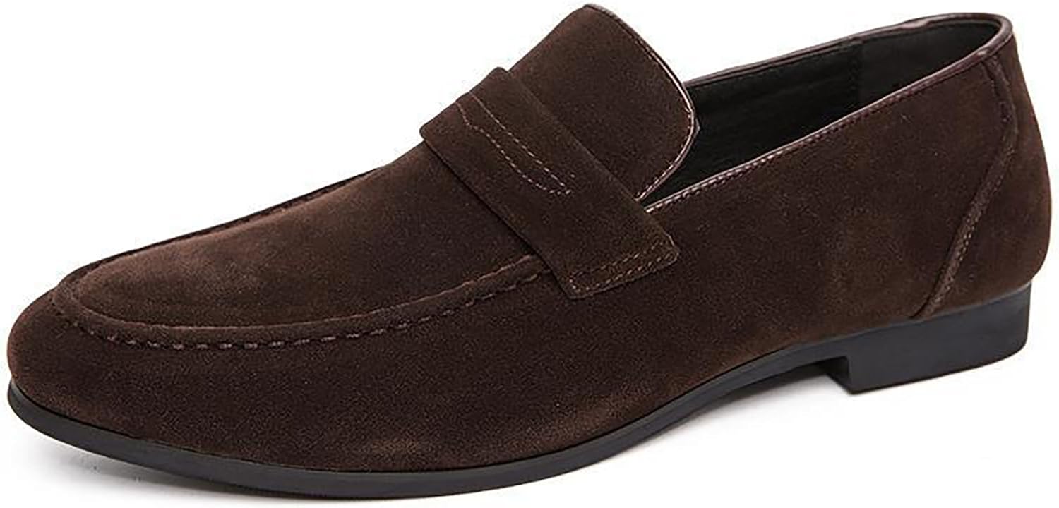 

Мужские замшевые сандалии FAGLKAK, ручная работа, низкий каблук, модные, легкие, с округлым носком, на плоской подошве, без застежек, повседневные мокасины и делового стиля, пенни-лоферы, коричневый