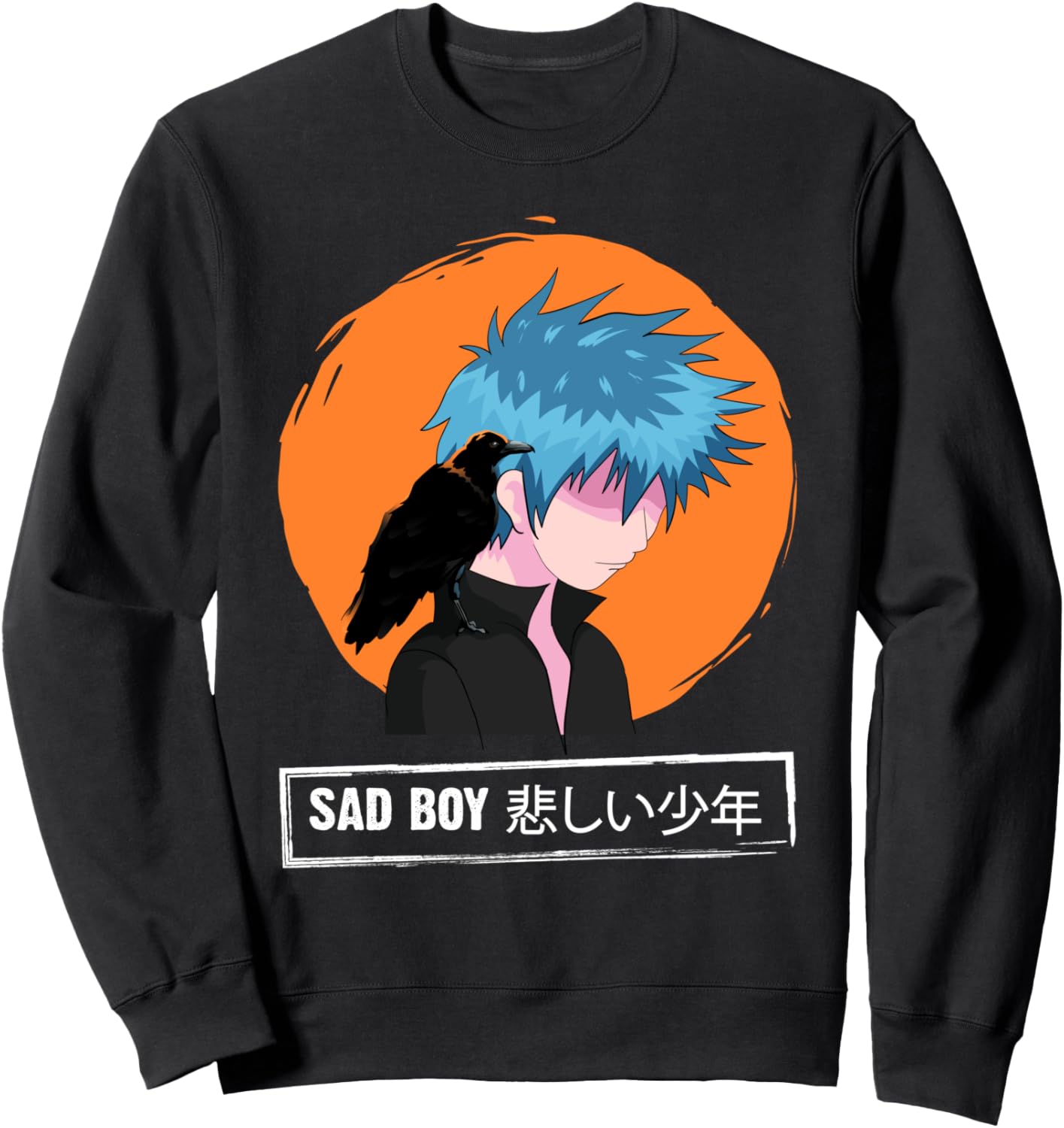 

Грустные аниме-мальчики, японская эстетика, иероглиф «Ворон», черная толстовка с изображением вороны, черная Raven'S Clothes