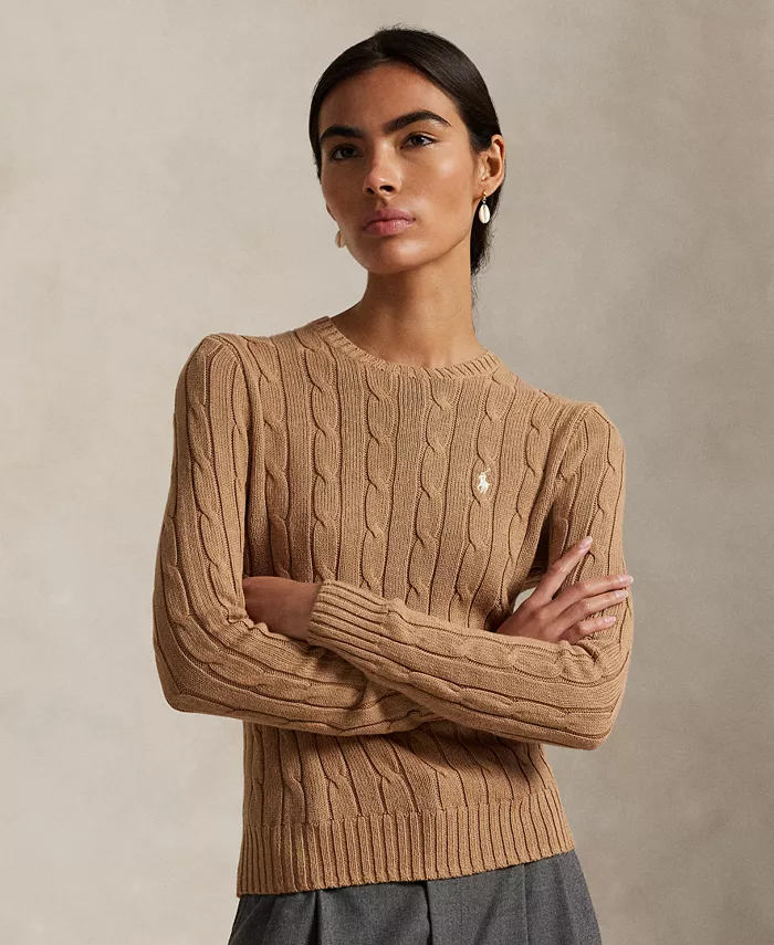 

Женский хлопковый свитер с круглым вырезом, вязка косами Polo Ralph Lauren, коричневый/бежевый