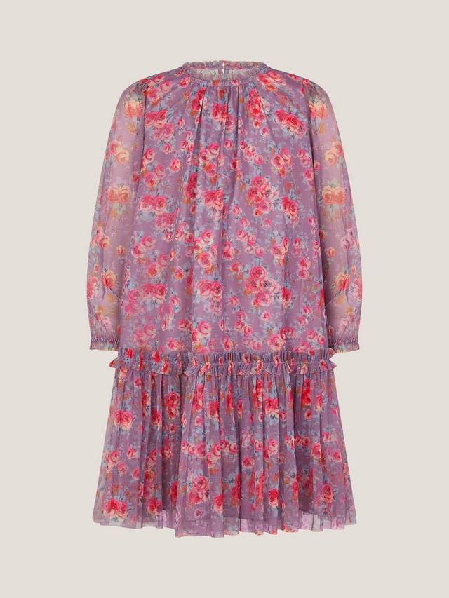 

Детское платье с цветочным принтом и длинными рукавами из сетки Monsoon, Purple
