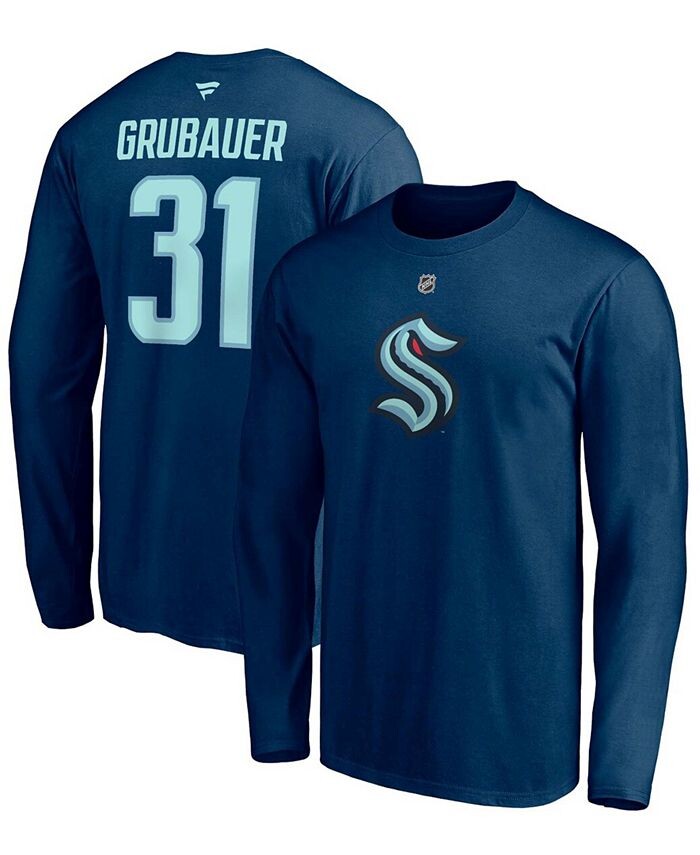 Мужская футболка с длинным рукавом Philipp Grubauer Deep Sea Seattle Kraken Authentic Stack с именем и номером Fanatics, синий — фото 4