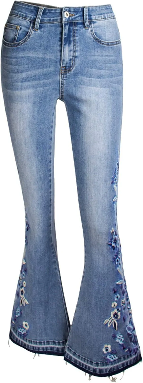 

Andongnywell женские джинсы-клеш с вышивкой Mid Waist Stretchy Flared Jean Floral Embroidery Bell Bottom