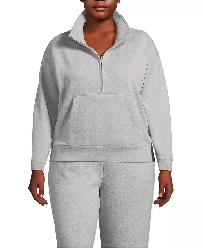

Толстовка больших размеров Serious Sweats с длинным рукавом и молнией до середины груди, свободная, с верхним слоем Lands' End, серый